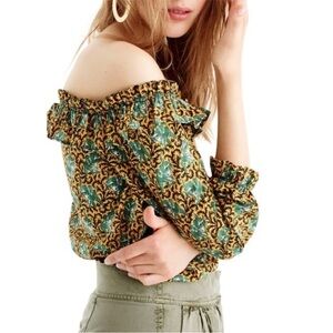 J. Crew Green and Yellow Off-Shoulder Blouse